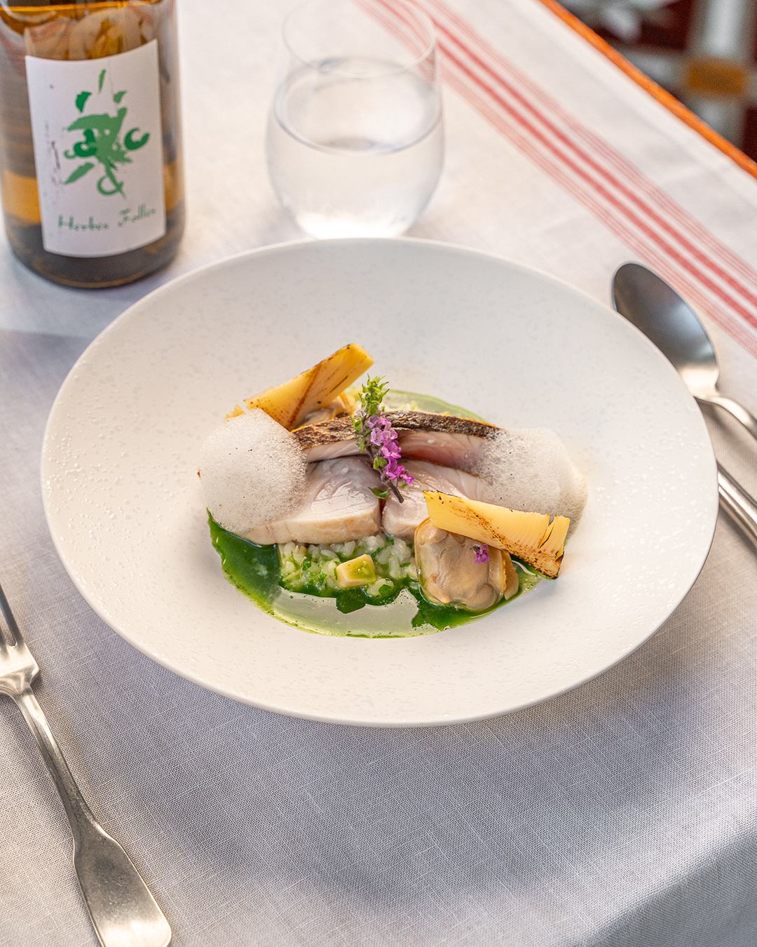 Sawara, sansho risotto, bamboo shoots, chrysanthemum coulis